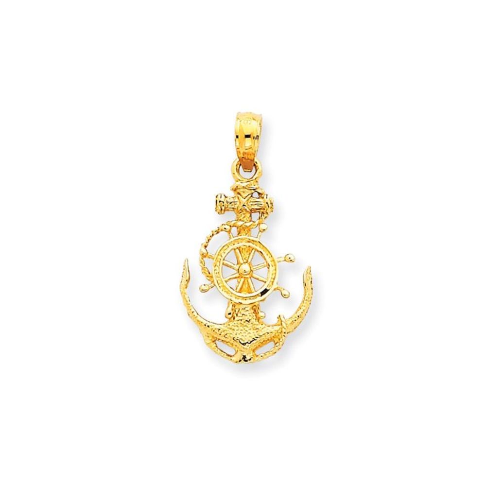 14k Yellow Gold Small Anchor, Ship's Wheel and Rope Necklace - 16 Inch